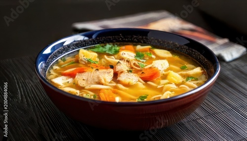 Hearty Chicken Noodle Soup in a Blue Bowl.