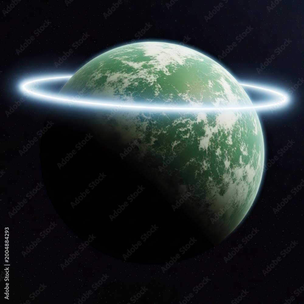 Fototapeta premium Illuminous celestial body with vibrant green surface patterns orbits against dark expanse