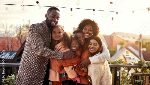 Heartwarming Family Embrace on Rooftop with Cityscape Backdrop.