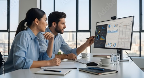 Business meeting with colleagues analyzing data on screen