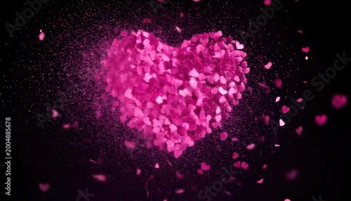 Heart of pink petals with scattered pieces on black background.