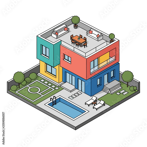 A colorful modern house with a pool and garden.