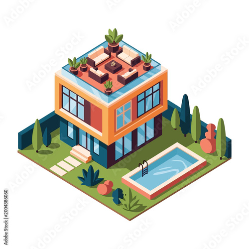 Modern house with rooftop garden and pool.
