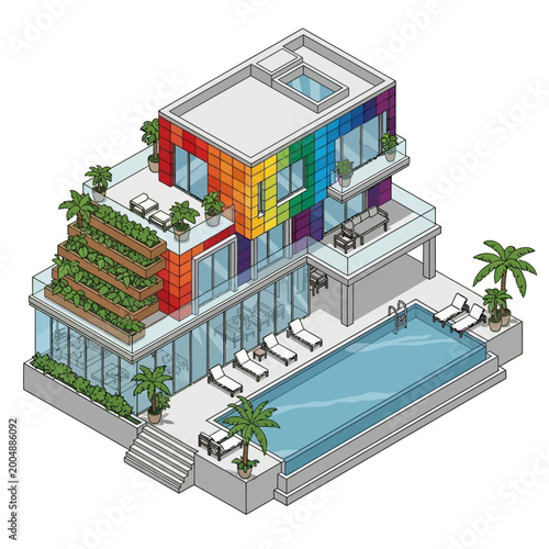 Modern colorful house with swimming pool.