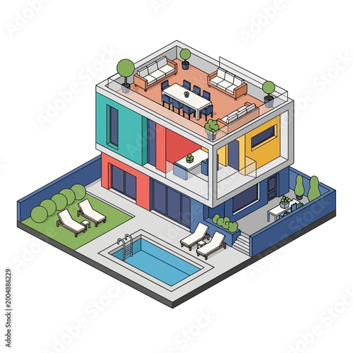 Modern multi-story house with colorful exterior and rooftop patio.