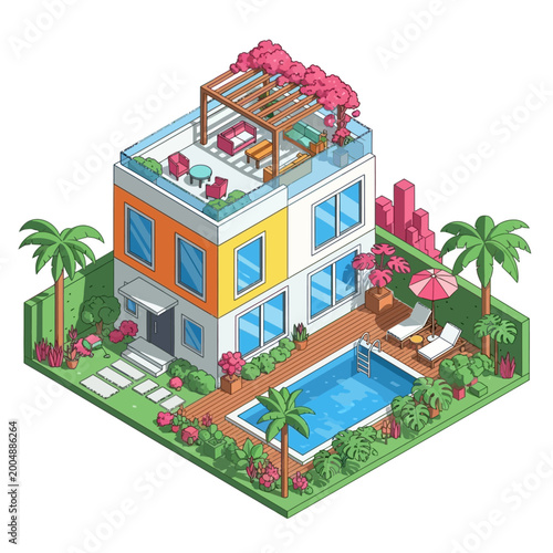 A colorful modern house with a swimming pool.