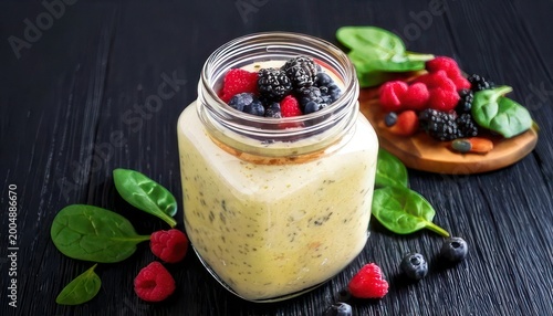 Healthy breakfast smoothie in a jar with fresh berries.