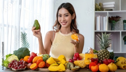 Healthy Asian woman with fresh fruits and vegetables.