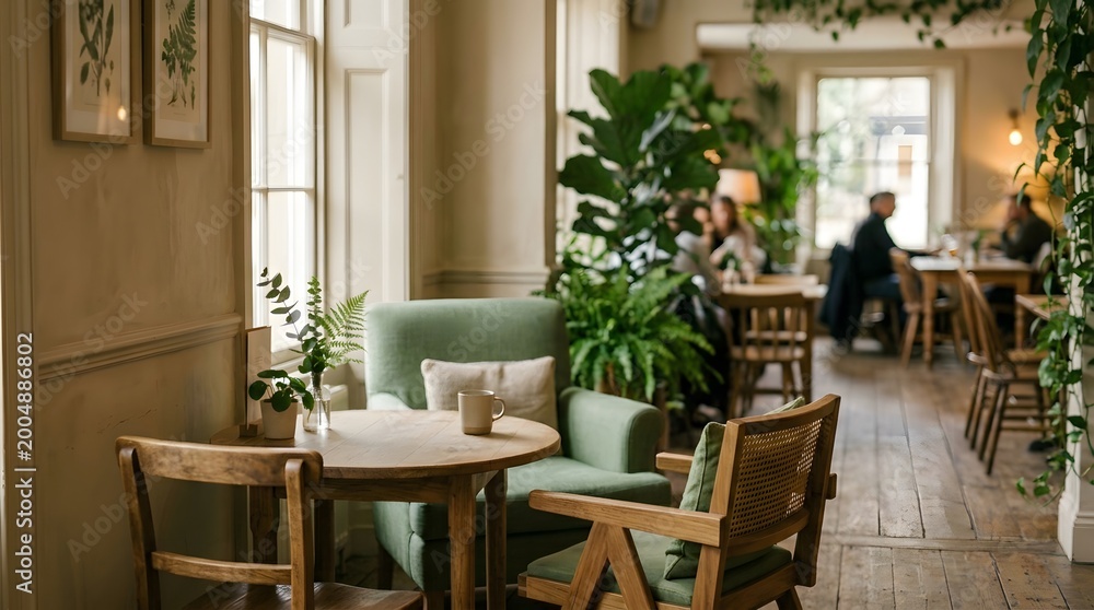 Fototapeta premium Cozy Cafe Interior with Green Plants and Warm Atmosphere
