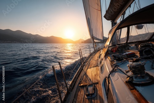 Sailing yacht cruises at sunset, ocean views