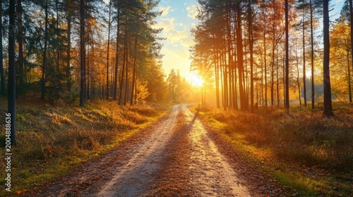 Dirt road winds through a dense pine forest during a golden sunset that casts long shadows across the ground.