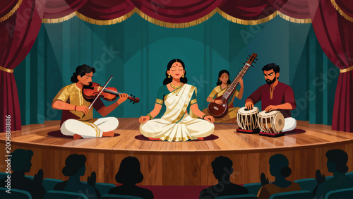 Photography A traditional Carnatic music performance in a sabha hall, central vocalist in si