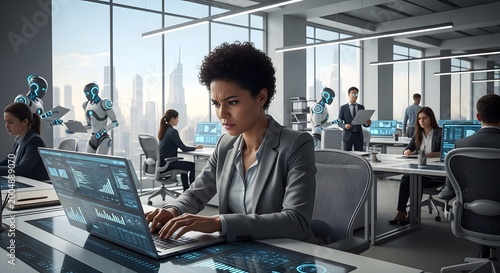 Business Woman Analyzing Data with Futuristic AI Technology in Office