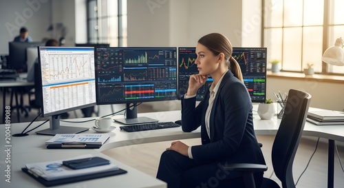 Business woman analyzing financial data on multiple computer screens