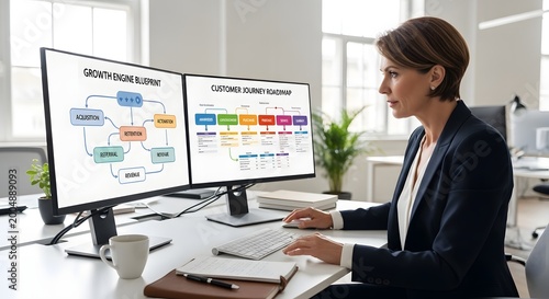 Business woman analyzing strategic growth marketing concepts on multiple screens