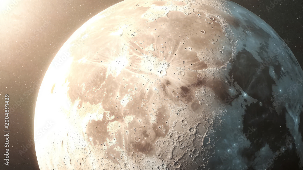 Fototapeta premium Close-up view of the Moon's surface with craters and sunlight illuminating the landscape