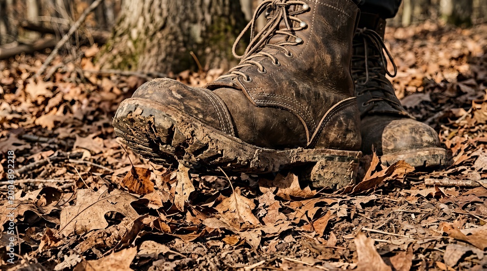Fototapeta premium Well-worn boots stand among fallen autumn leaves.