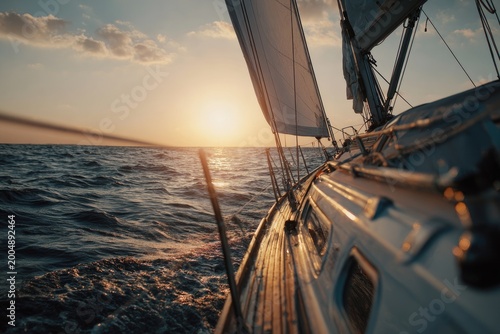 Sailing yacht with sun setting over ocean horizon. Dramatic sky, waves