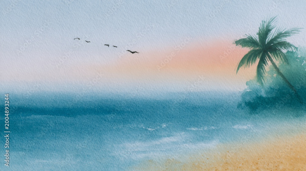 Fototapeta premium Watercolor painting of tropical beach at dusk with silhouetted palm tree