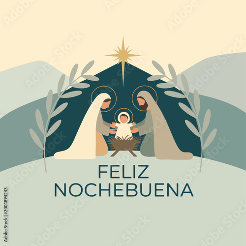 Cuadro en lienzo Nativity scene with Mary, Joseph, and baby Jesus in a manger, with Feliz Navidad