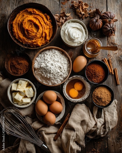Assortment of fresh baking ingredients and tools, organized on wood surface, creating autumn season theme