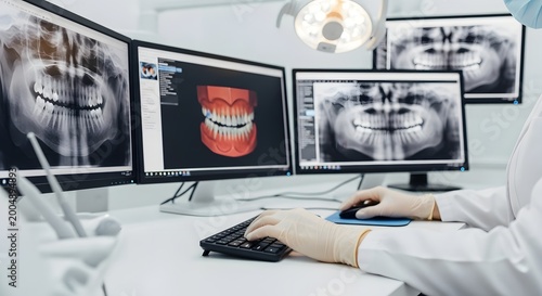 Dentist examining dental X-rays on multiple computer screens