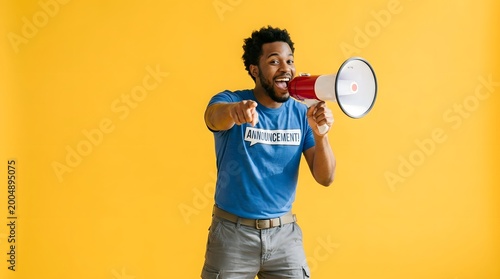 Enthusiastic man with megaphone pointing on yellow background.