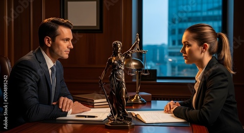 Diverse business meeting discussion with scales of justice