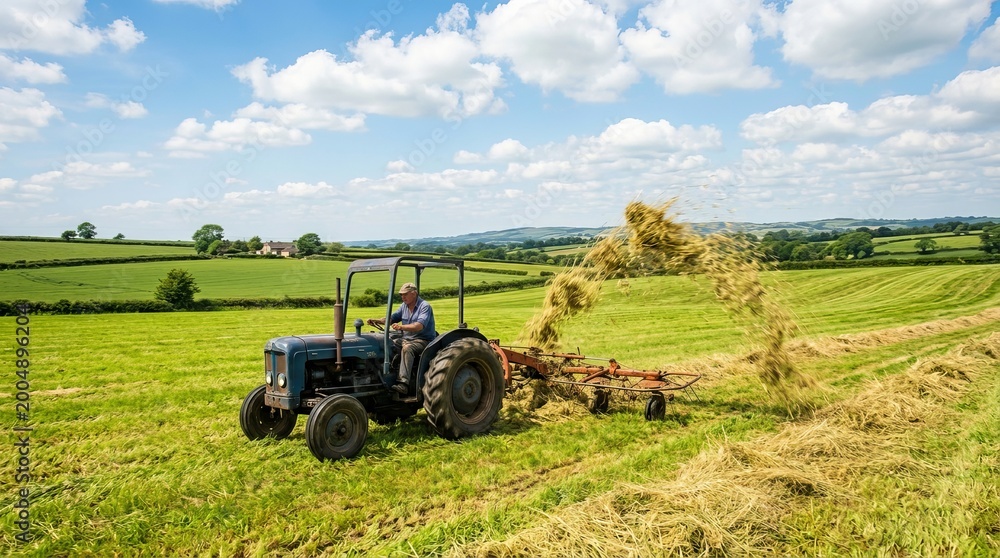 Obraz premium Combine harvester working in a sunny, green field.