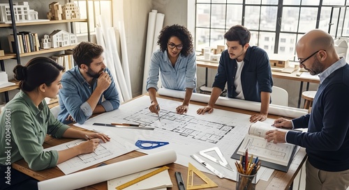 Diverse business team planning architectural design project collaboration
