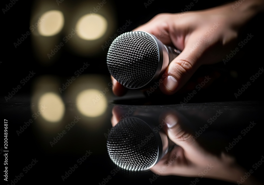 Obraz premium Professional Microphone Held by Hand over Reflective Surface on Stage Background