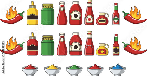 Cuadro en lienzo Various Hot Sauces, Ketchup, Mustard, and Chili Condiments with Bowls of Spicy I