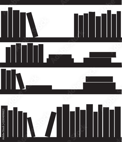 Bookshelf, book icons, library symbols, black silhouette graphics, vector book collections