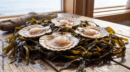Freshly harvested scallops in their shells resting on a bed of rich, dark seaweed.