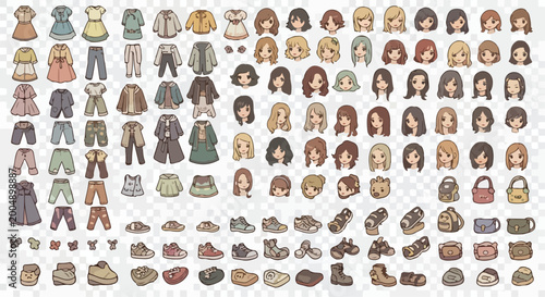 Chibi anime character creator kit, cute paper doll avatar elements with hairstyles and clothes, kawaii fashion vector set for game design