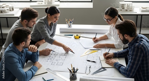Diverse team collaborates on blueprints and project planning