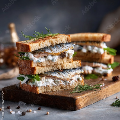 Stacked sardine sandwich with creamy filling, arugula, and rosemary on wooden board