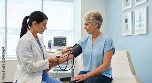 Doctor checks blood pressure of older woman in clinic