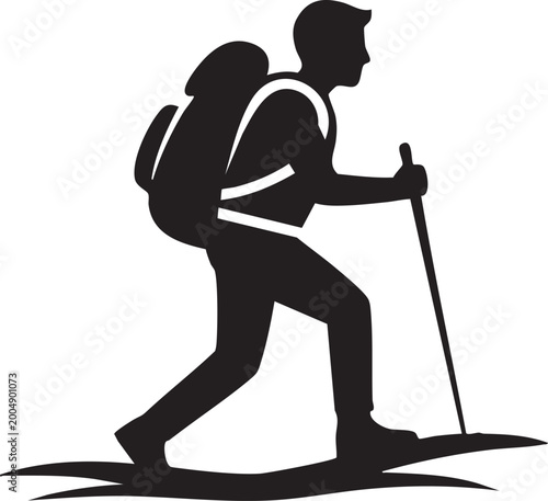 Tableau sur toile Hiking man silhouette, trekking backpacker icon, outdoor adventure symbol, black