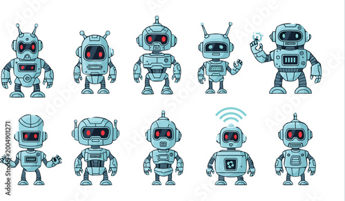Bilde på lerret Cute Cartoon Blue Robot Character Collection with Various Poses and Expressions