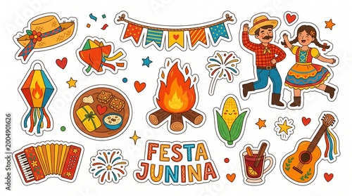 Festa Junina Brazilian June Festival Stickers Set with Traditional Elements