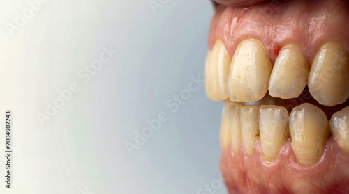 Side view of stained teeth with plaque and gum inflammation close up