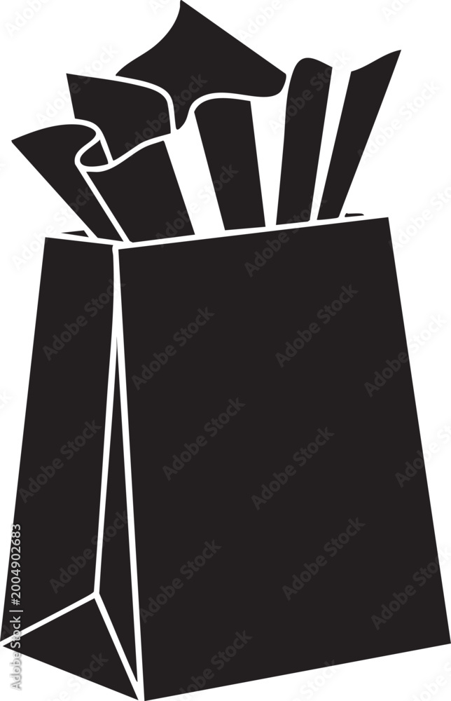 Fototapeta premium Black paper bag, takeout container, food packaging, vector icon