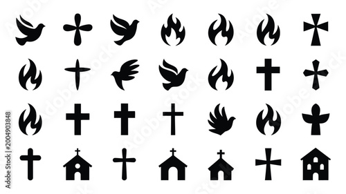 Obraz na płótnie Collection of christian religious symbols vector icons dove cross flame and chur