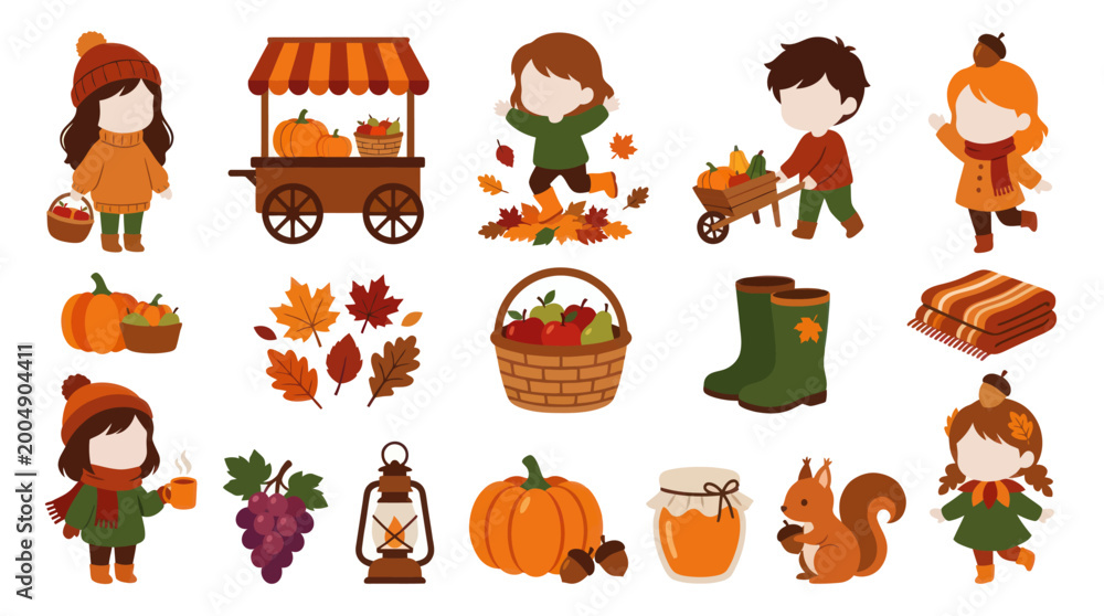 Obraz premium Autumn Fall Flat Vector Illustration Set with Children, Harvest, and Seasonal Elements