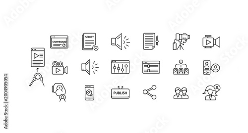Bild auf Leinwand Video and audio production workflow outline icon set with editing publishing and