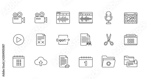 Content creation and media editing thin line icon set with video audio tools and project organization outline vector