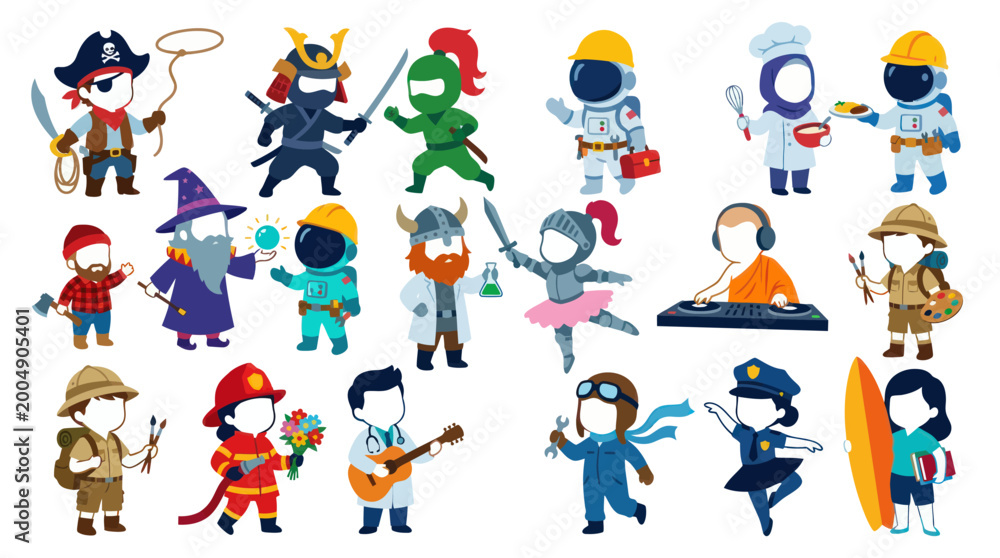 Fototapeta premium Flat Vector Cartoon Characters: People of Various Professions and Occupations