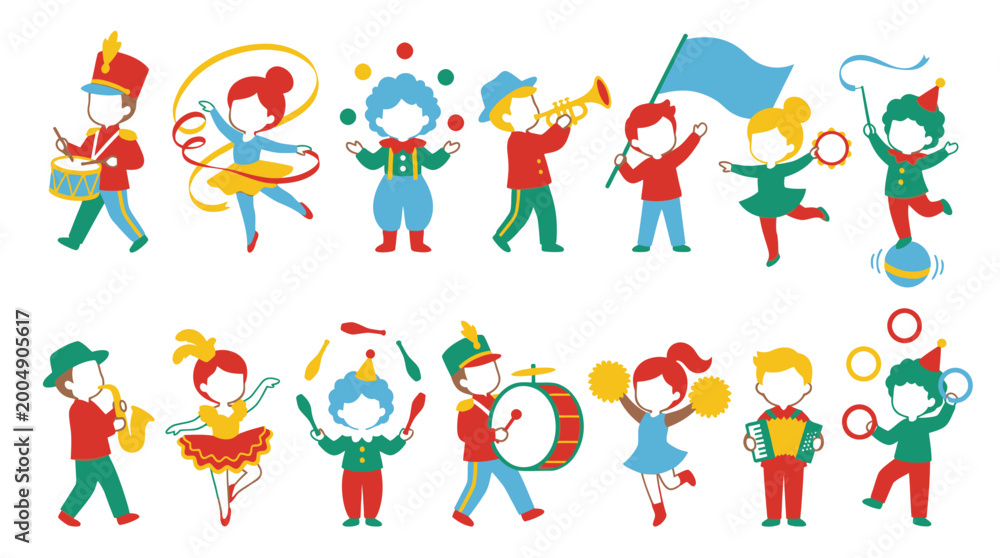Fototapeta premium Flat Vector Cartoon Kids Performing Arts Set with Music, Dance, Circus Instruments