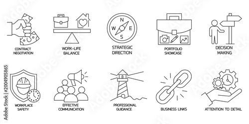 Business management icons for contract negotiation work life balance and strategic direction.Editable stroke, Vector illustration, Line art Icon, Symbols.